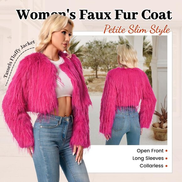 Women's Faux Fur Coat Rose Red Slim Cropped Fuzzy Fluffy Fall Winter Jacket - Picture 4 of 5